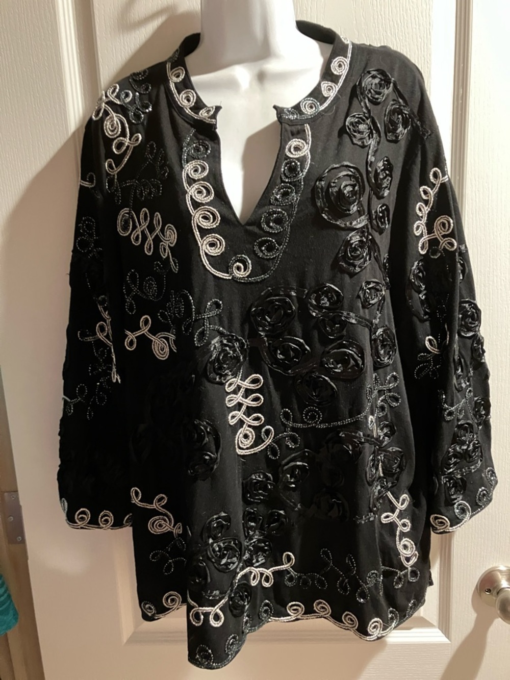 Black Embroidered Rosette Tunic Top